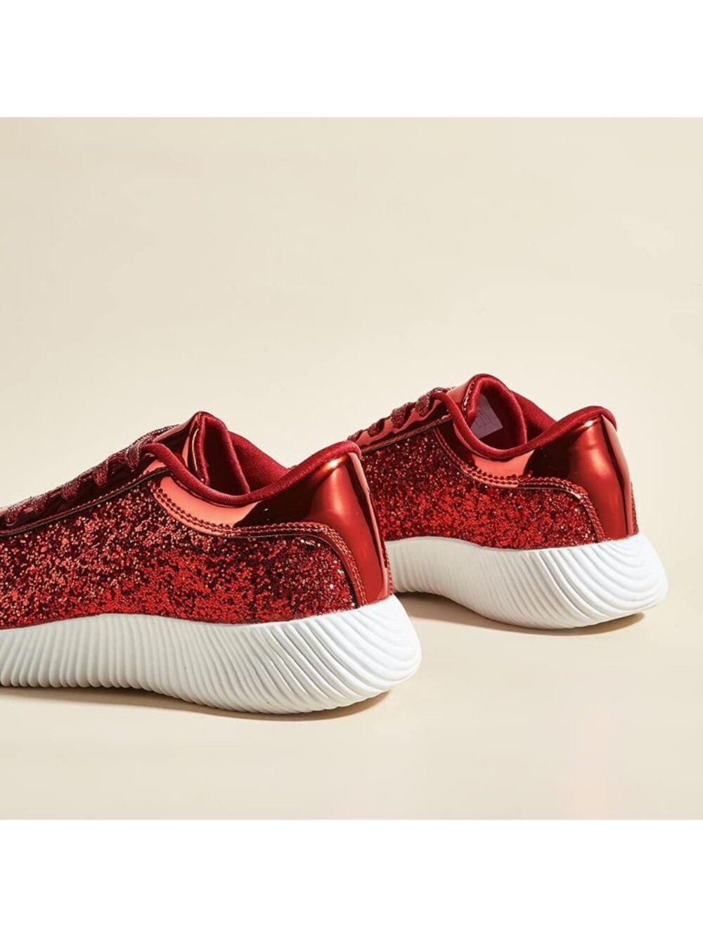 Women's Red Lightweight Tennis Shoes Glitter Sparkly Fashion Sneakers - Picture 5 of 6